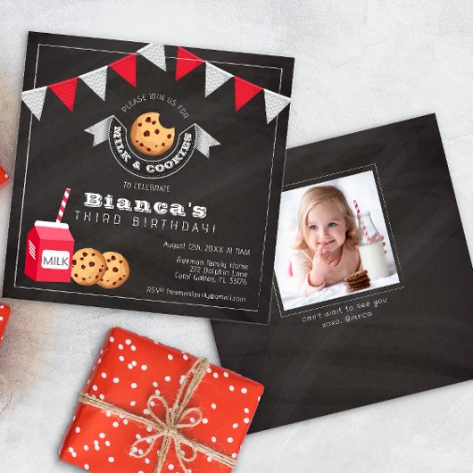 Melk en koekjes verjaardagsuitnodiging -  Cha Kaart