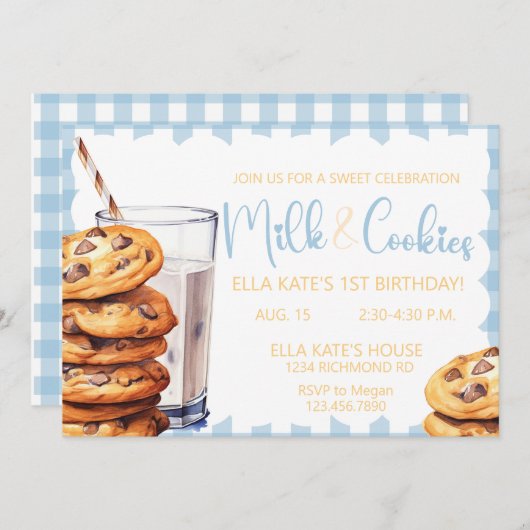 Melk & Koekje Verjaardag Blauw Plaid Jongen 1e Ver Kaart (Voorkant / Achterkant)