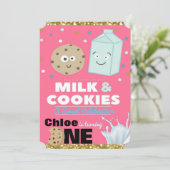 Melk & koekjes Roze & Gold Glitter | 1e verjaardag Kaart (Staand voorkant)