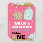 Melk & koekjes Roze & Gold Glitter | 1e verjaardag Kaart (Voorkant / Achterkant)