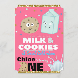 Melk & koekjes Roze & Gold Glitter   1e verjaardag Kaart