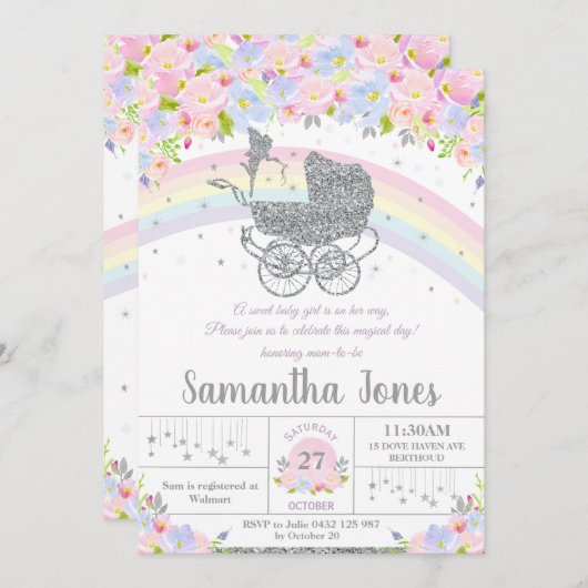 Melk  Pram Floral Silver Baby shower Kaart (Voorkant / Achterkant)