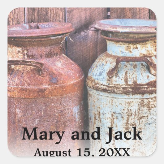Melkblikjes Landelijke Trouw Bruiloft Oude Boerder Vierkante Sticker (Voorkant)