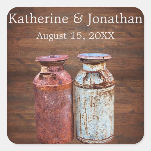 Melkblikken Landelijke Trouwfeestelijke Oude Boerd Vierkante Sticker (Voorkant)