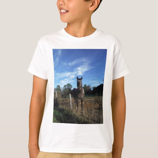 Melkchocolade bruinpaard in blauw t-shirt (Voorkant)