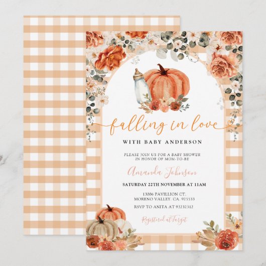 Melkfles pompoen verliefd op babyshower kaart (Voorkant / Achterkant)