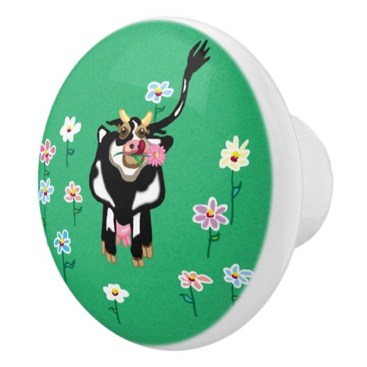 Melkhoudende koe in een bloementveld keramische knop (Rechts)