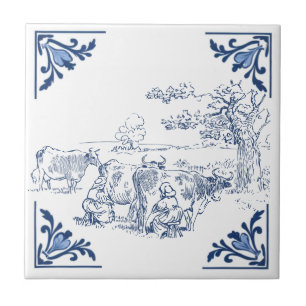 Melkmeisjes Melkmachines Koeien Delfts Blauw Wit Tegeltje