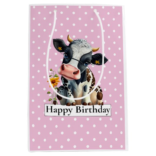 Melkroze Koe Happy Birthday roze Medium Cadeauzakje (Voorkant)