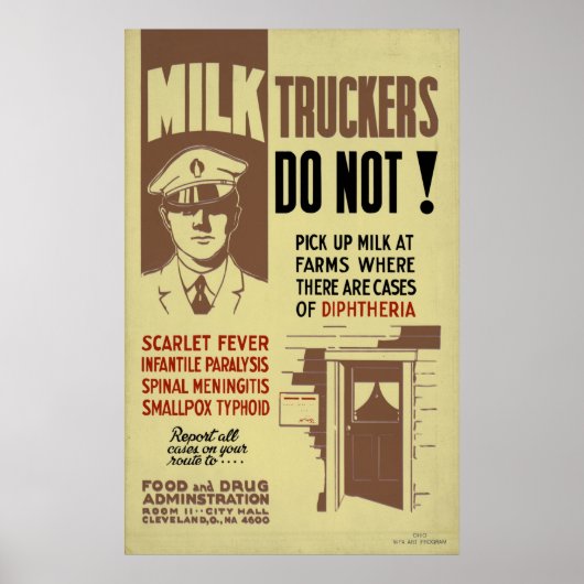 Melktrucker FDA Waarschuwing 1940 WPA  Gezondheid Poster (Voorkant)