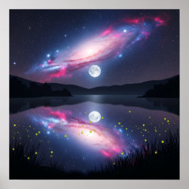 Melkweg boven maanverlicht meer met kosmische weer poster
