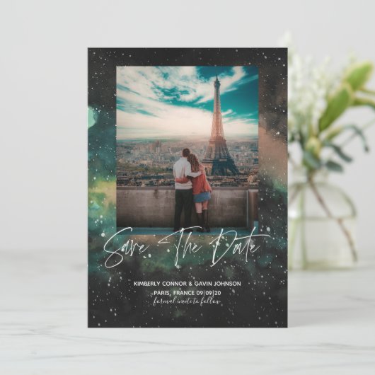 Melkweg en geometrische maan sparen de Datum Save The Date (Staand voorkant)