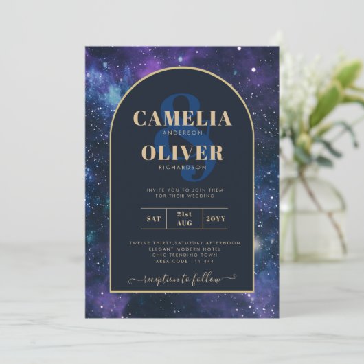 Melkweg Sterrennacht Paars Blauw Goud Trouwdag Kaart (Staand voorkant)