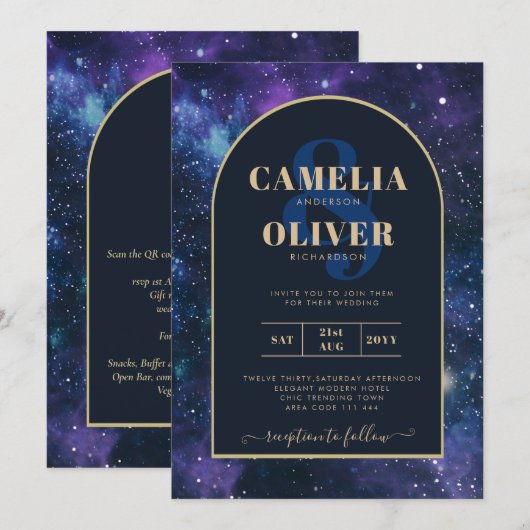 Melkweg Sterrennacht Paars Blauw Goud Trouwdag Kaart (Voorkant / Achterkant)
