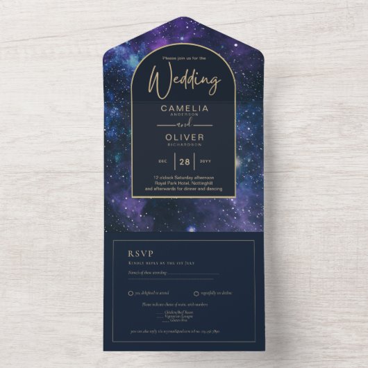 Melkweg Sterrennacht Paars Blauw Goud Trouwfeest All In One Uitnodiging (Binnen)