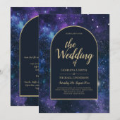 Melkweg Sterrennacht Paars Blauw Goud Trouwfeest Kaart (Voorkant / Achterkant)