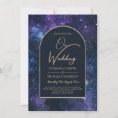 Melkweg Sterrennacht Paars Blauw Goud Trouwfeest Kaart (Voorkant)