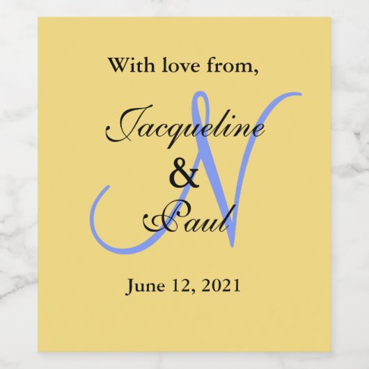Mellow geel blauw bruiloft monogram wijn etiket (Enkel label)