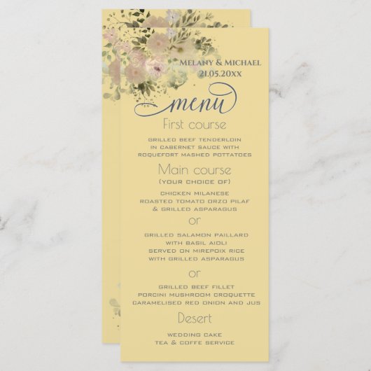 Mellow gele waterverf boho bloem trendy menu (Voorkant / Achterkant)