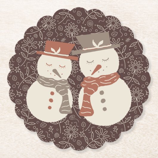 Mellow Snowmen - 2 schattige sneeuwman paar rood. Kartonnen Onderzetters (Voorkant)