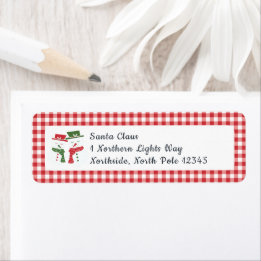 Mellow Snowmen Gingham - classic red white check. Etiket