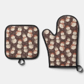 Mellow Snowmen - Kerst sneeuwpop patroon rood. Ovenwant & Pannenlap Set (Voorkant)