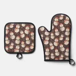 Mellow Snowmen - Kerst sneeuwpop patroon rood. Ovenwant & Pannenlap Set