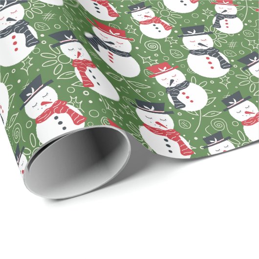 Mellow Snowmen - Kerstrood op groen patroon. Cadeaupapier (Rol Hoek)