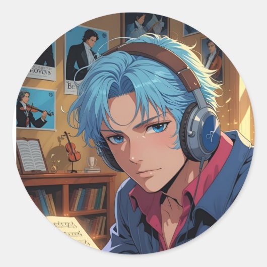 Melodie in Blauw Ronde Sticker (Voorkant)
