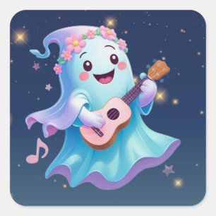 Melodie van het hiernamaals - Kawaii Ghost Musicia Vierkante Sticker