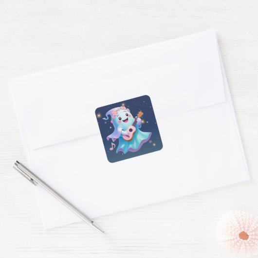 Melodie van het hiernamaals - Kawaii Ghost Musicia Vierkante Sticker (Envelop)