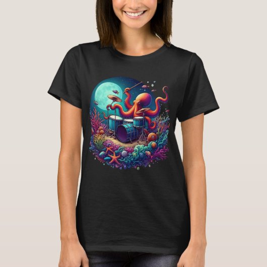 Melodische octopus: Drummen in de diepte T-shirt (Voorkant)