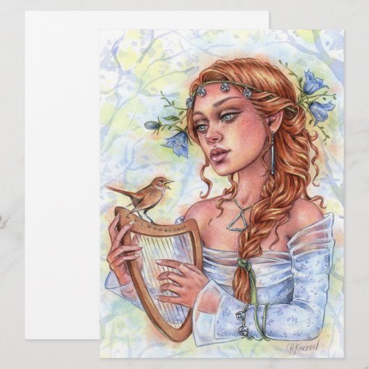 Melody Bell Flower Nightingale Bird Harp Art Kaart (Voorkant / Achterkant)