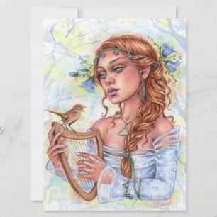 Melody Bell Flower Nightingale Bird Harp Art Kaart