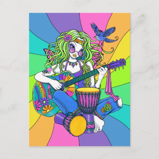 "Melody" Rainbow Guitar Hippie Fairy Briefkaart (Voorkant)