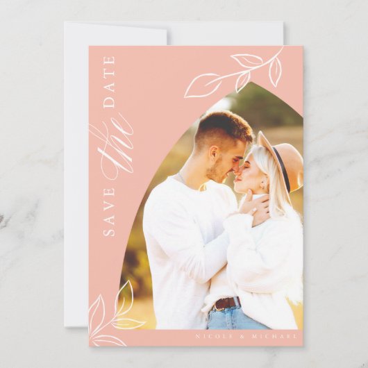 Melon Pink Arch Boho Minimal Leaf Foto Save The Date (Voorkant)