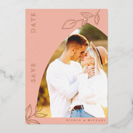 Melon Pink Arch Folie Leaf Save the Date Kaart