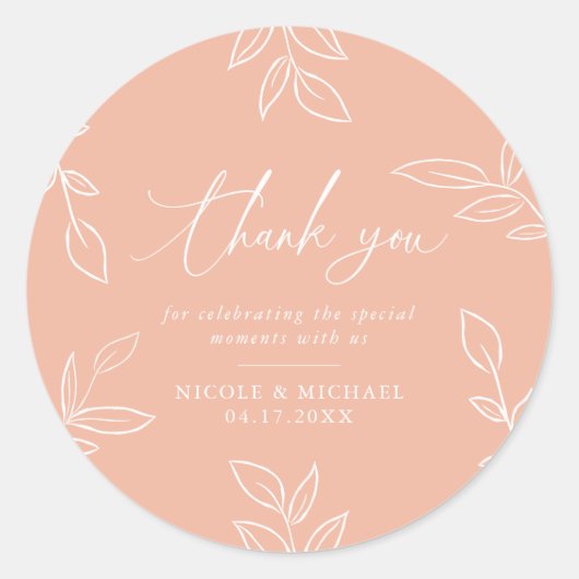 Melon Pink Elegant Leaves Weddenschap Bedankt Ronde Sticker (Voorkant)