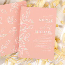 Melon Pink Minimalist Elegant Leaves Wedding