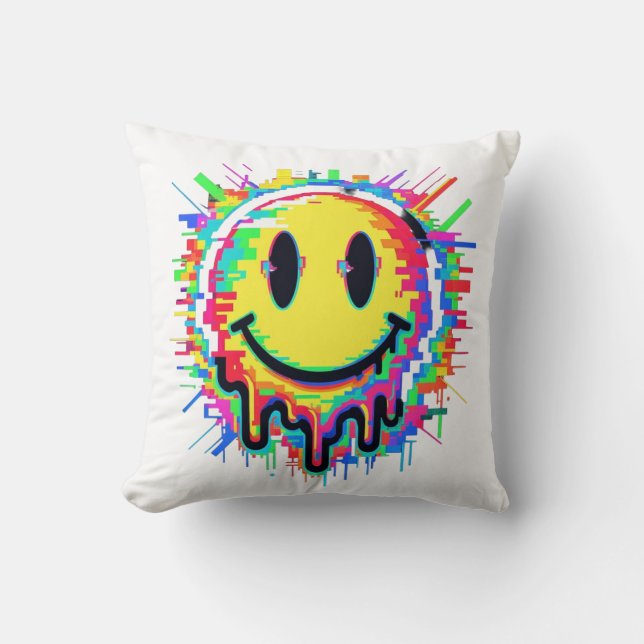 Melting Smiley Face Throw Pillow – Psychedelic Col Kussen (Voorkant)