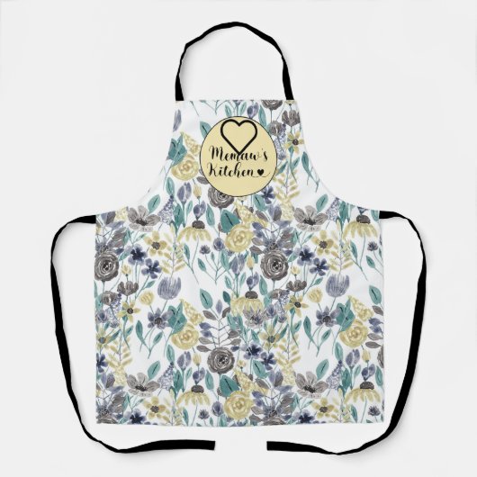 Memaw's Keuken Grijs Geel Bloemen Waterverf Schort (Voorkant)