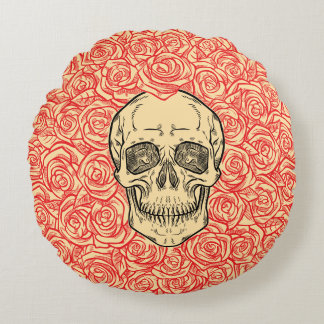 Memento Mori! Schedel en Rozen, Handgetekend Rond Kussen