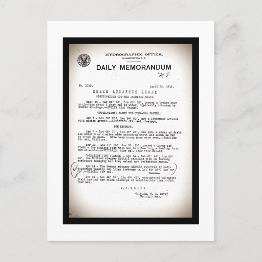 Memo van de Hydrografische Kantoor Titanic-ramp Briefkaart (Voorkant)