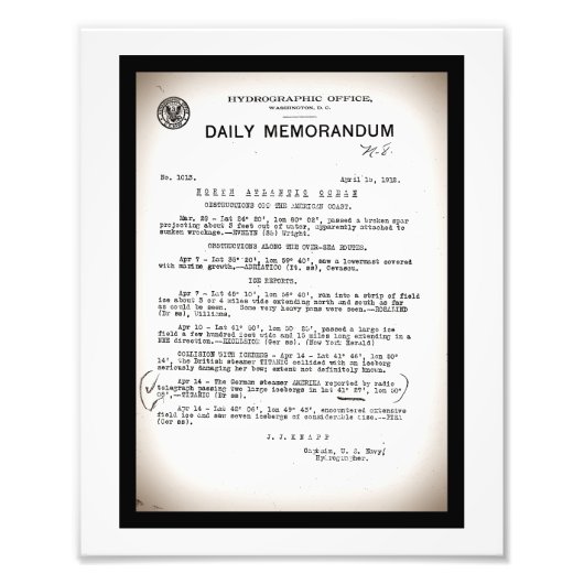 Memo van de Hydrografische Kantoor Titanic-ramp Foto Afdruk (Voorkant)