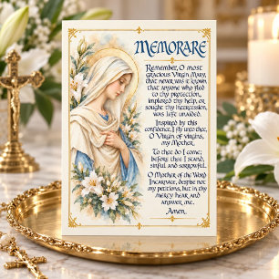 memorare-gebed met marian monogram lelies kaart