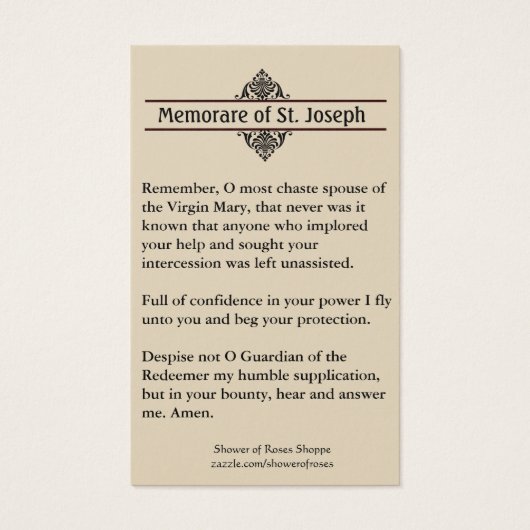Memorare Prayer St. Joseph en Jezus Heilige Kaart (Achterkant)