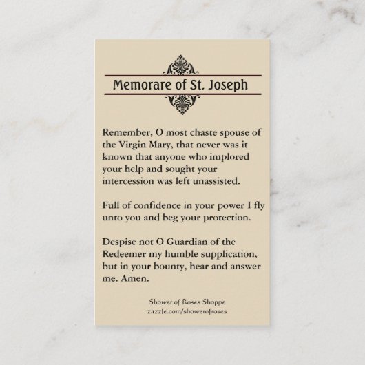 Memorare Prayer St. Joseph en Jezus Heilige Kaart Visitekaartje (Achterkant)