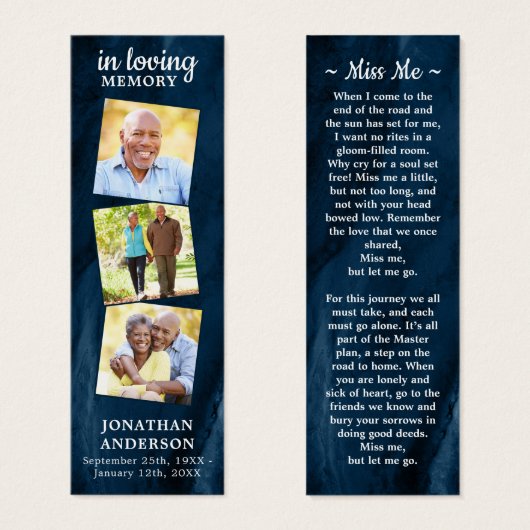 Memorial 3 Foto Funeral Prayer Bladwijzer Blue Mini Visitekaartjes (Voorkant /achterkant)