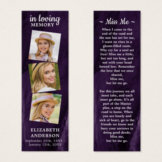Memorial 3 Foto Funeral Prayer Bladwijzer Paars Mini Visitekaartjes (Voorkant /achterkant)