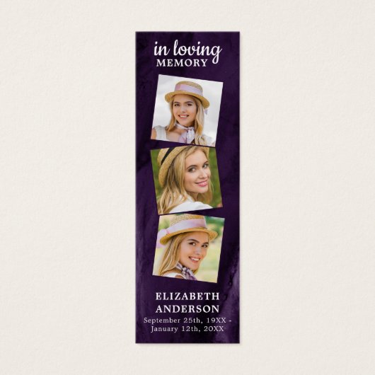 Memorial 3 Foto Funeral Prayer Bladwijzer Paars Mini Visitekaartjes (Voorkant)